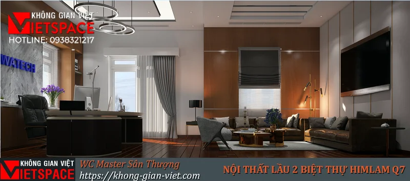 Không gian quầy lễ tân và văn phòng lầu 2 biệt thự