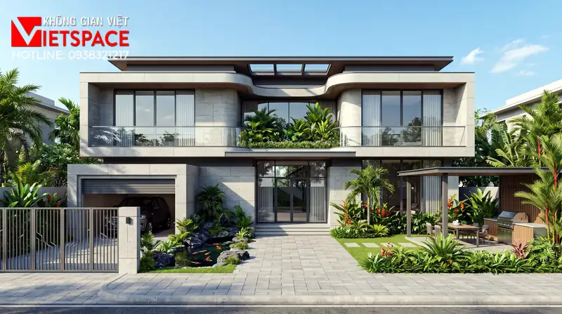 Mẫu Biệt Thự 2 Tầng Hiện Đại Mái Bằng Sang Trọng Tại TPHCM 01 Phối cảnh 3D ngoại thất ban ngày Biệt Thự