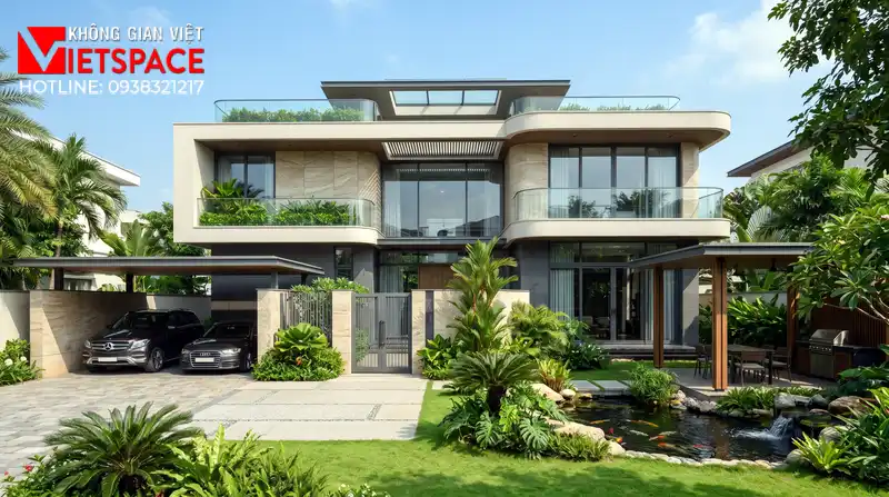 Mẫu Biệt Thự 2 Tầng Hiện Đại Mái Bằng Sang Trọng Tại TPHCM 01 Phối cảnh 3D ngoại thất ban ngày Biệt Thự