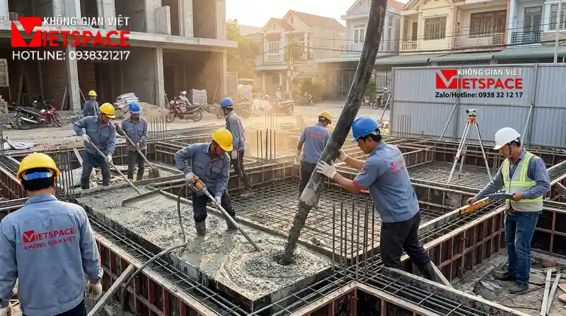 Mẫu Biệt Thự 2 Tầng Hiện Đại Mái Bằng Sang Trọng Tại TPHCM 09 Thi công đổ bê tông móng và xây tường bao cho biệt thự