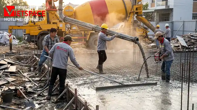 Mẫu Biệt Thự 2 Tầng Hiện Đại Mái Bằng Sang Trọng Tại TPHCM 09 Thi công đổ bê tông móng và xây tường bao cho biệt thự