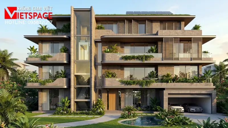 Mẫu Biệt Thự 4 Tầng Hiện Đại Tích Hợp Thang Máy Tiện Nghi 01 Phối cảnh 3D ngoại thất ban ngày Biệt Thự