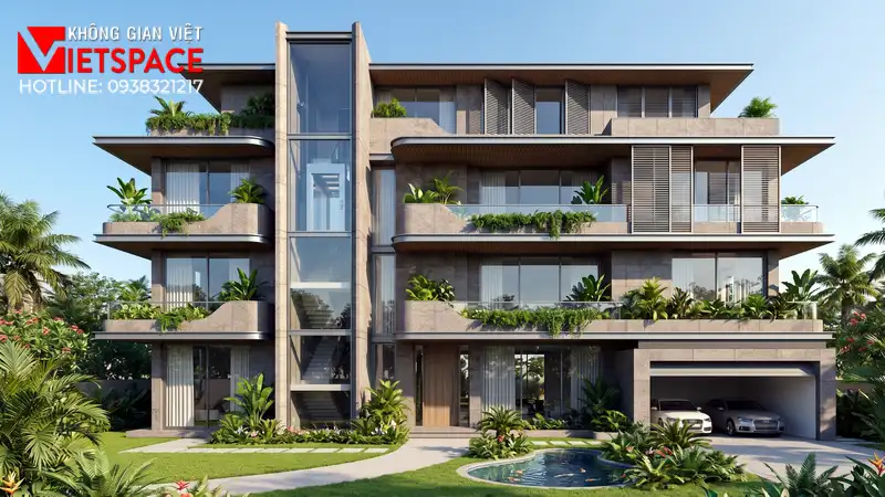 Mẫu Biệt Thự 4 Tầng Hiện Đại Tích Hợp Thang Máy Tiện Nghi 01 Phối cảnh 3D ngoại thất ban ngày Biệt Thự