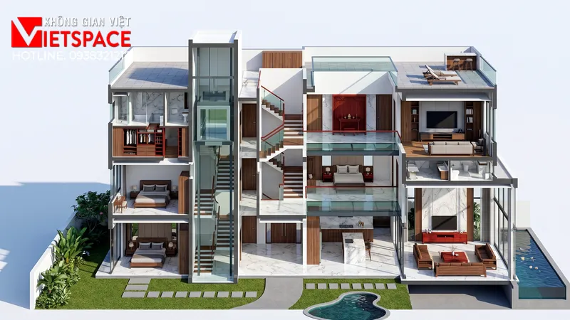 Mẫu Biệt Thự 4 Tầng Hiện Đại Tích Hợp Thang Máy Tiện Nghi 05 Bản vẽ 3D Isometric Biệt Thự