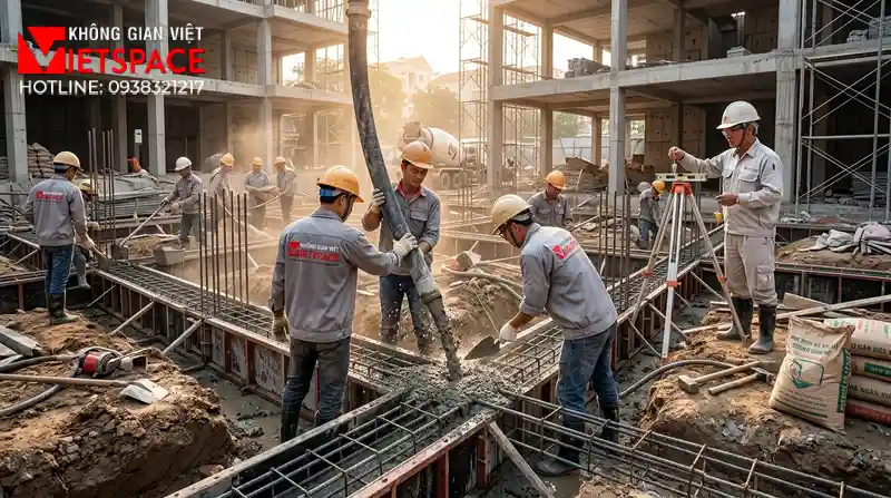 Mẫu Biệt Thự 4 Tầng Hiện Đại Tích Hợp Thang Máy Tiện Nghi 09 Thi công đổ bê tông móng và xây tường bao cho biệt thự