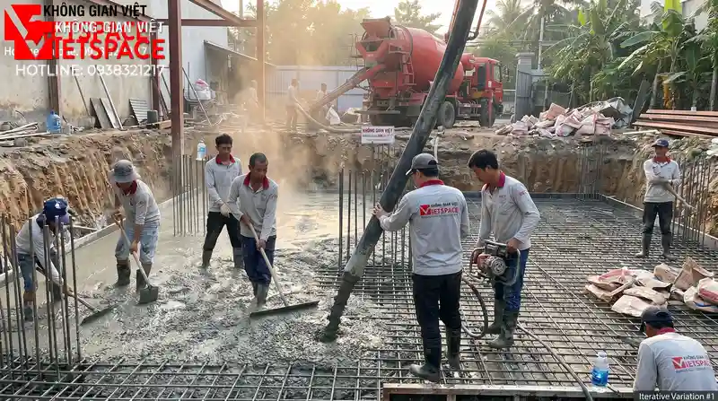 Mẫu Biệt Thự 4 Tầng Hiện Đại Tích Hợp Thang Máy Tiện Nghi 09 Thi công đổ bê tông móng và xây tường bao cho biệt thự