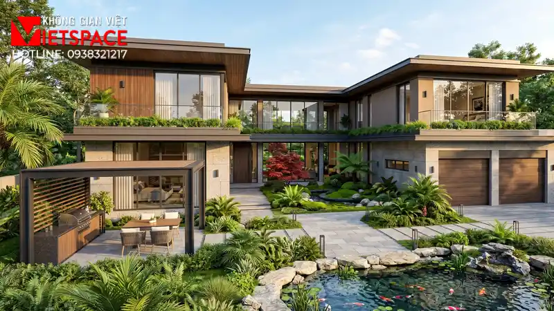 Dự Án Biệt Thự Chữ L Hiện Đại 2 Tầng Tối Ưu Diện Tích Đất 01 Phối cảnh 3D ngoại thất ban ngày Biệt Thự