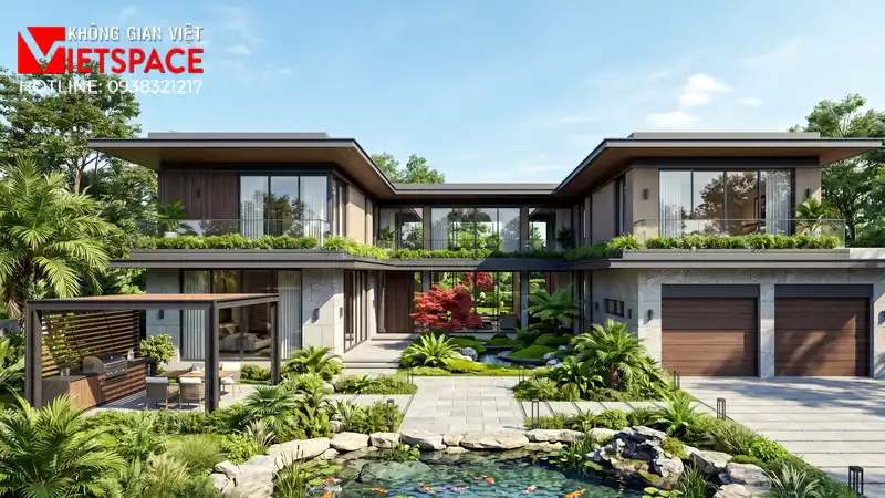 Dự Án Biệt Thự Chữ L Hiện Đại 2 Tầng Tối Ưu Diện Tích Đất 01 Phối cảnh 3D ngoại thất ban ngày Biệt Thự