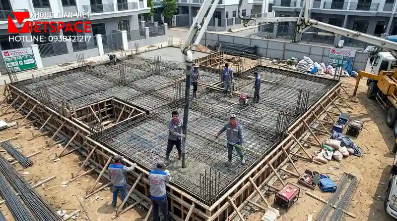 Dự Án Biệt Thự Chữ L Hiện Đại 2 Tầng Tối Ưu Diện Tích Đất 09 Thi công đổ bê tông móng và xây tường bao cho biệt thự