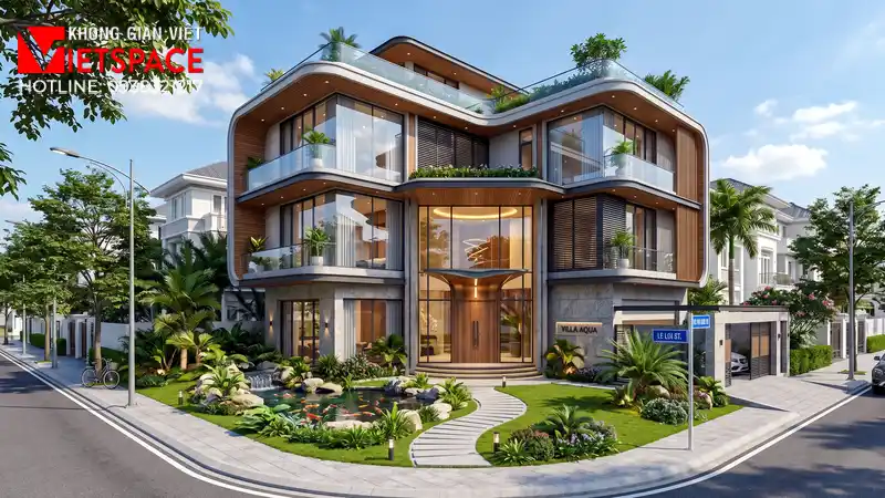 Chiêm Ngưỡng Mẫu Biệt Thự Hiện Đại 2 Mặt Tiền Đẳng Cấp 01 Phối cảnh 3D ngoại thất ban ngày Biệt Thự