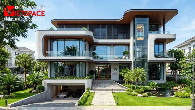 Bản Vẽ Thiết Kế Biệt Thự Hiện Đại 500m2 Có Tầng Hầm Siêu Xe 01 Phối cảnh 3D ngoại thất ban ngày Biệt Thự