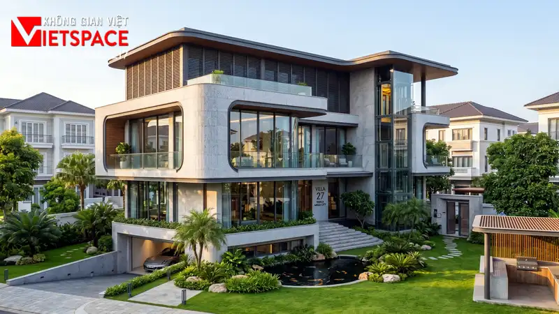 Bản Vẽ Thiết Kế Biệt Thự Hiện Đại 500m2 Có Tầng Hầm Siêu Xe 01 Phối cảnh 3D ngoại thất ban ngày Biệt Thự