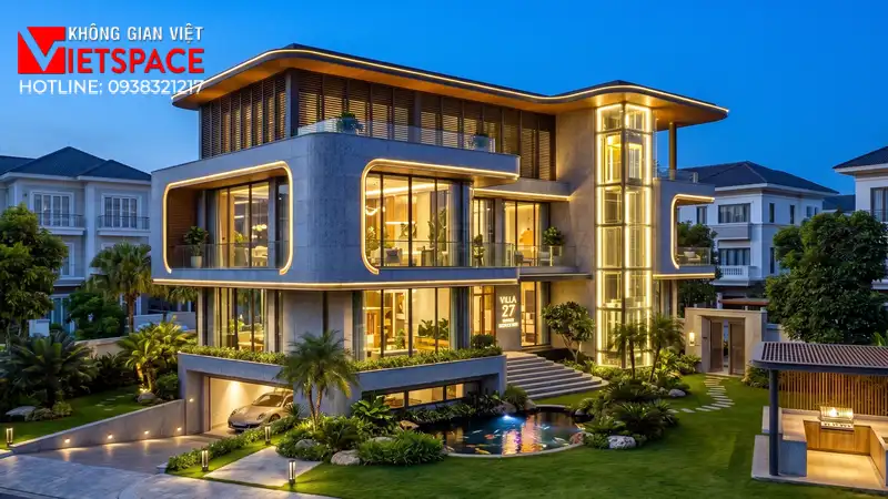 Bản Vẽ Thiết Kế Biệt Thự Hiện Đại 500m2 Có Tầng Hầm Siêu Xe 03 Phối cảnh ban đêm Biệt Thự