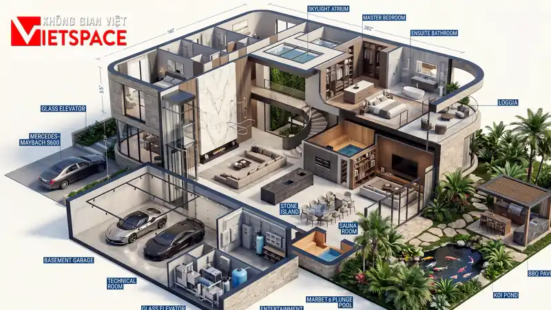 Bản Vẽ Thiết Kế Biệt Thự Hiện Đại 500m2 Có Tầng Hầm Siêu Xe 05 Bản vẽ 3D Isometric Biệt Thự
