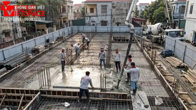 Bản Vẽ Thiết Kế Biệt Thự Hiện Đại 500m2 Có Tầng Hầm Siêu Xe 09 Thi công đổ bê tông móng và xây tường bao cho biệt thự