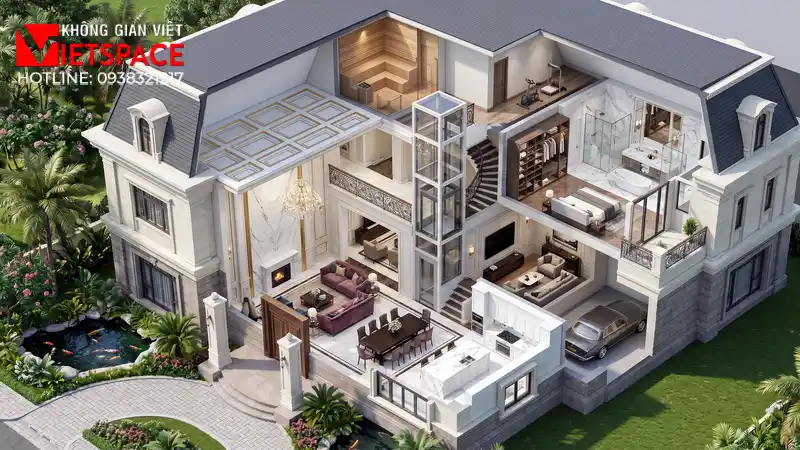 Thiết Kế Lâu Đài Tân Cổ Điển 4 Tầng Mái Mansard Quyền Lực 05 Bản vẽ 3D Isometric Biệt Thự