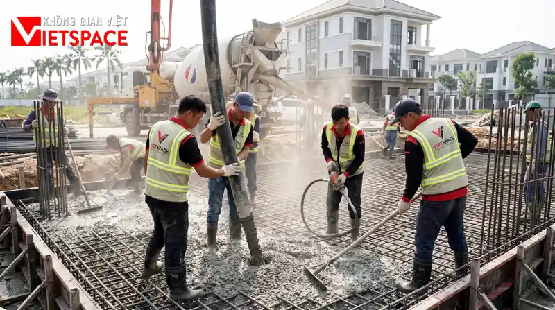 Thiết Kế Lâu Đài Tân Cổ Điển 4 Tầng Mái Mansard Quyền Lực 09 Thi công đổ bê tông móng và xây tường bao cho biệt thự