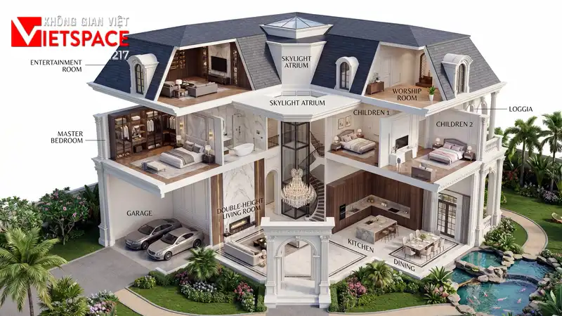 Mẫu Biệt Thự Tân Cổ Điển 3 Tầng Kiểu Pháp Sang Trọng 05 Bản vẽ 3D Isometric Biệt Thự