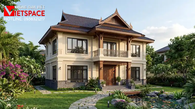 Thiết Kế Biệt Thự 2 Tầng Tân Cổ Điển Mái Thái 120m2 Đẹp 01 Phối cảnh 3D ngoại thất ban ngày Biệt Thự