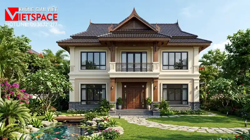 Thiết Kế Biệt Thự 2 Tầng Tân Cổ Điển Mái Thái 120m2 Đẹp 01 Phối cảnh 3D ngoại thất ban ngày Biệt Thự
