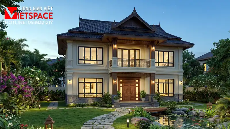 Thiết Kế Biệt Thự 2 Tầng Tân Cổ Điển Mái Thái 120m2 Đẹp 03 Phối cảnh ban đêm Biệt Thự