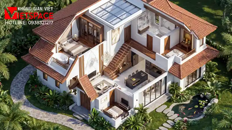 Thiết Kế Biệt Thự 2 Tầng Tân Cổ Điển Mái Thái 120m2 Đẹp 05 Bản vẽ 3D Isometric Biệt Thự