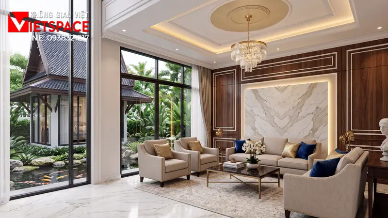 Thiết Kế Biệt Thự 2 Tầng Tân Cổ Điển Mái Thái 120m2 Đẹp 06 Không gian Nội thất Phòng Khách Biệt Thự