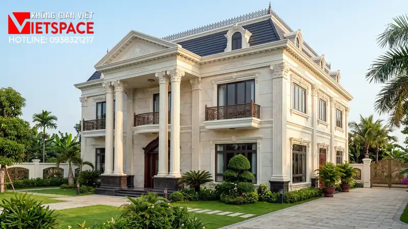 Top Bản Vẽ Mặt Tiền Biệt Thự Tân Cổ Điển Khẳng Định Vị Thế 01 Phối cảnh 3D ngoại thất ban ngày Biệt Thự
