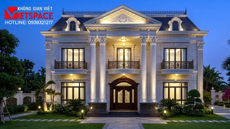 Top Bản Vẽ Mặt Tiền Biệt Thự Tân Cổ Điển Khẳng Định Vị Thế 03 Phối cảnh ban đêm Biệt Thự