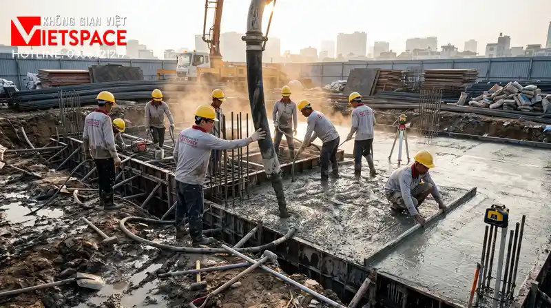 Top Bản Vẽ Mặt Tiền Biệt Thự Tân Cổ Điển Khẳng Định Vị Thế 09 Thi công đổ bê tông móng và xây tường bao cho biệt thự
