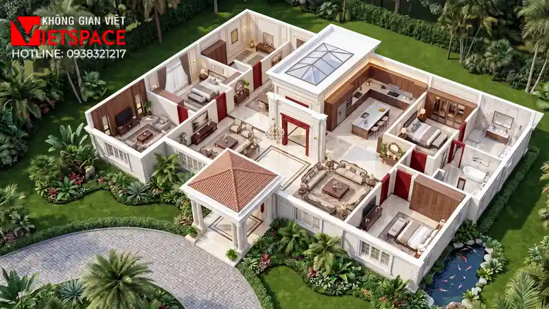 Mẫu Biệt Thự Tân Cổ Điển 1 Tầng 4 Phòng Ngủ Rộng Rãi 05 Bản vẽ 3D Isometric Biệt Thự