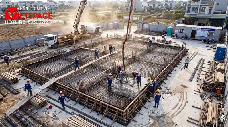 Mẫu Biệt Thự Tân Cổ Điển 1 Tầng 4 Phòng Ngủ Rộng Rãi 09 Thi công đổ bê tông móng và xây tường bao cho biệt thự