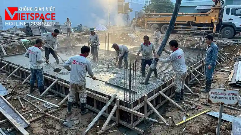 Mẫu Biệt Thự Tân Cổ Điển 1 Tầng 4 Phòng Ngủ Rộng Rãi 09 Thi công đổ bê tông móng và xây tường bao cho biệt thự