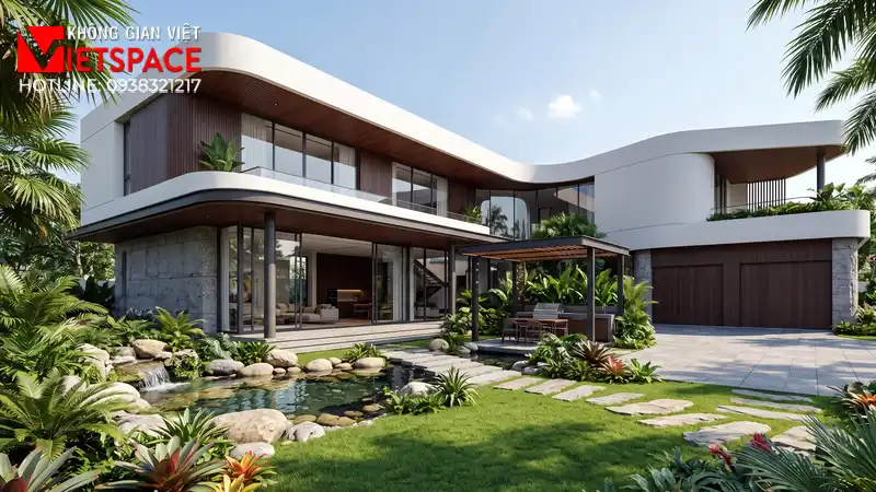 Dự Án Biệt Thự Sân Vườn 1000m2 Cảnh Quan Đỉnh Cao Tại TPHCM 01 Phối cảnh 3D ngoại thất ban ngày Biệt Thự