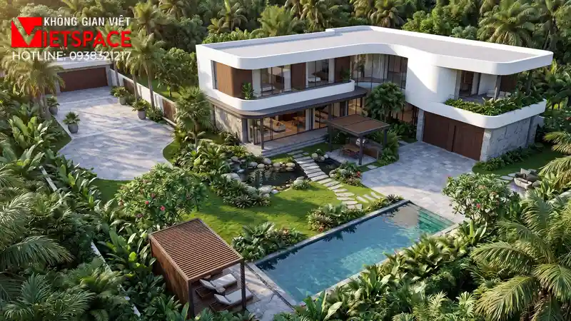 Dự Án Biệt Thự Sân Vườn 1000m2 Cảnh Quan Đỉnh Cao Tại TPHCM 01 Phối cảnh 3D ngoại thất ban ngày Biệt Thự