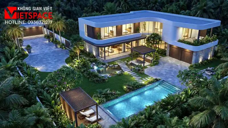 Dự Án Biệt Thự Sân Vườn 1000m2 Cảnh Quan Đỉnh Cao Tại TPHCM 03 Phối cảnh ban đêm Biệt Thự