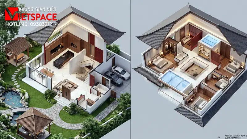 Mẫu Nhà Vườn 2 Tầng Đẹp Mái Nhật Được Yêu Thích Nhất 2026 05 Bản vẽ 3D Isometric Biệt Thự