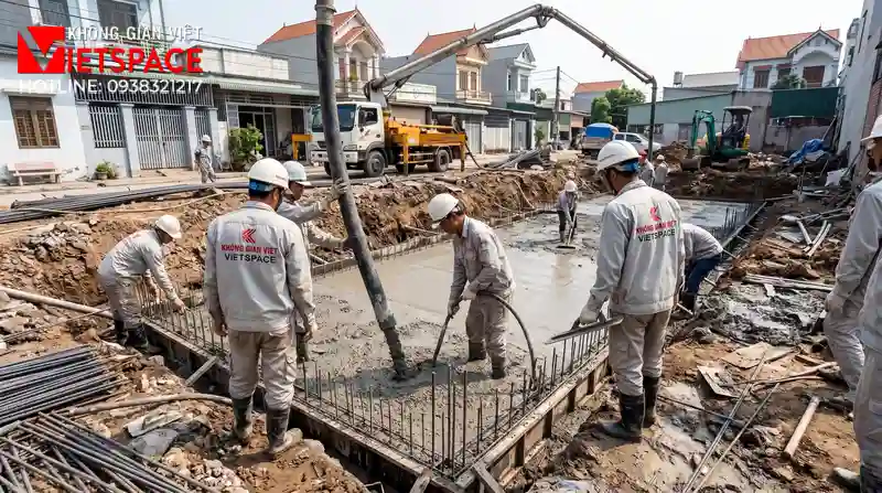 Mẫu Nhà Vườn 2 Tầng Đẹp Mái Nhật Được Yêu Thích Nhất 2026 09 Thi công đổ bê tông móng và xây tường bao cho biệt thự