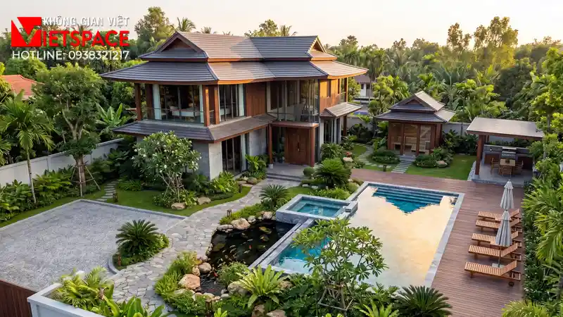 Thiết Kế Biệt Thự Nghỉ Dưỡng Chuẩn Resort Xanh Tại Gia 01 Phối cảnh 3D ngoại thất ban ngày Biệt Thự