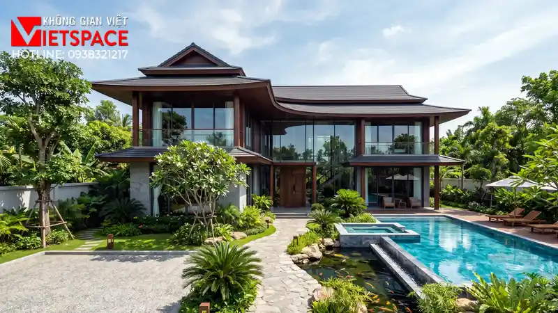 Thiết Kế Biệt Thự Nghỉ Dưỡng Chuẩn Resort Xanh Tại Gia 01 Phối cảnh 3D ngoại thất ban ngày Biệt Thự