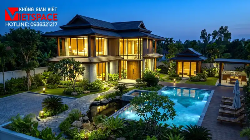 Thiết Kế Biệt Thự Nghỉ Dưỡng Chuẩn Resort Xanh Tại Gia 03 Phối cảnh ban đêm Biệt Thự