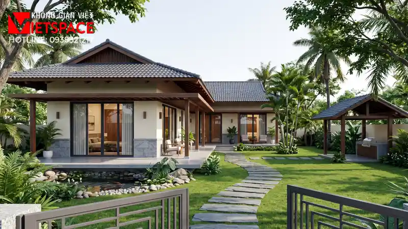 Bản Vẽ Biệt Thự Vườn Cấp 4 Nông Thôn Thanh Bình Và Tiết Kiệm 01 Phối cảnh 3D ngoại thất ban ngày Biệt Thự