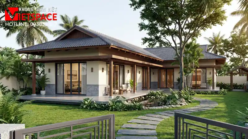 Bản Vẽ Biệt Thự Vườn Cấp 4 Nông Thôn Thanh Bình Và Tiết Kiệm 01 Phối cảnh 3D ngoại thất ban ngày Biệt Thự