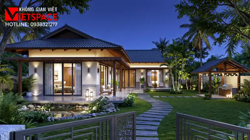Bản Vẽ Biệt Thự Vườn Cấp 4 Nông Thôn Thanh Bình Và Tiết Kiệm 03 Phối cảnh ban đêm Biệt Thự