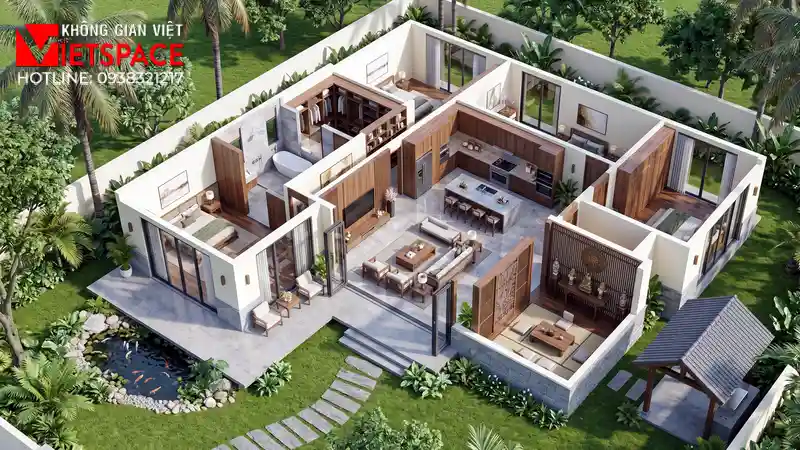Bản Vẽ Biệt Thự Vườn Cấp 4 Nông Thôn Thanh Bình Và Tiết Kiệm 05 Bản vẽ 3D Isometric Biệt Thự
