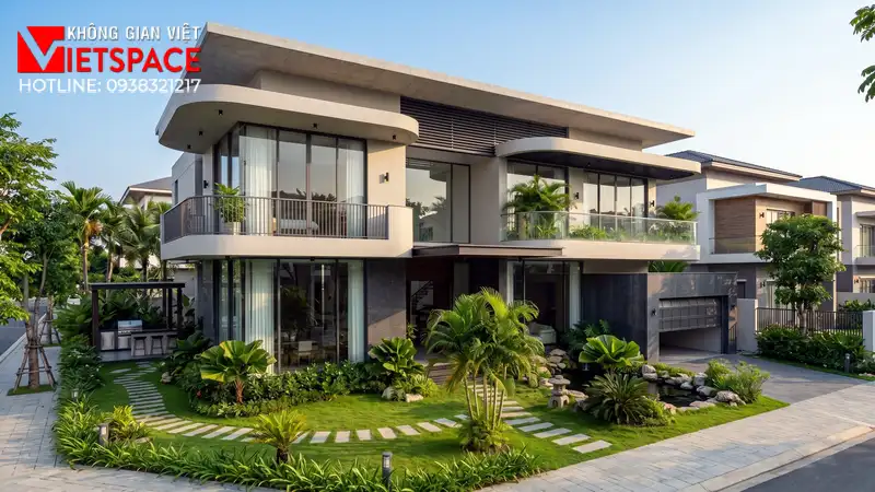 Thiết Kế Biệt Thự Vườn Mái Bằng Hiện Đại Cực Kỳ Thời Thượng 01 Phối cảnh 3D ngoại thất ban ngày Biệt Thự