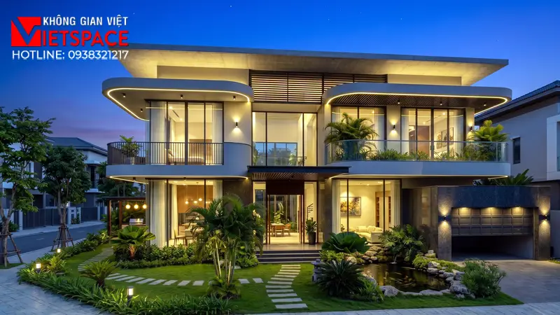 Thiết Kế Biệt Thự Vườn Mái Bằng Hiện Đại Cực Kỳ Thời Thượng 03 Phối cảnh ban đêm Biệt Thự