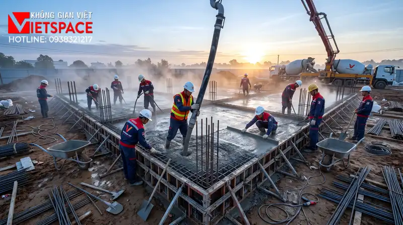 Thiết Kế Biệt Thự Vườn Mái Bằng Hiện Đại Cực Kỳ Thời Thượng 09 Thi công đổ bê tông móng và xây tường bao cho biệt thự