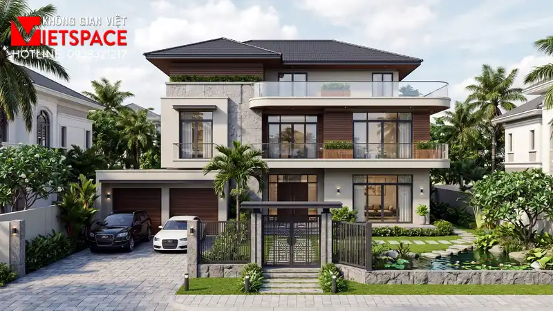 Mẫu Thiết Kế Biệt Thự Vườn 300m2 Không Gian Thoáng Đãng 01 Phối cảnh 3D ngoại thất ban ngày Biệt Thự