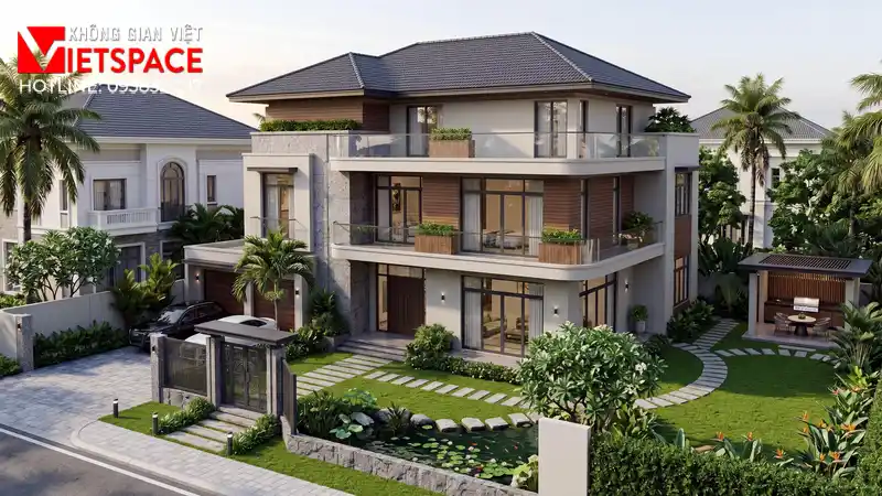 Mẫu Thiết Kế Biệt Thự Vườn 300m2 Không Gian Thoáng Đãng 01 Phối cảnh 3D ngoại thất ban ngày Biệt Thự